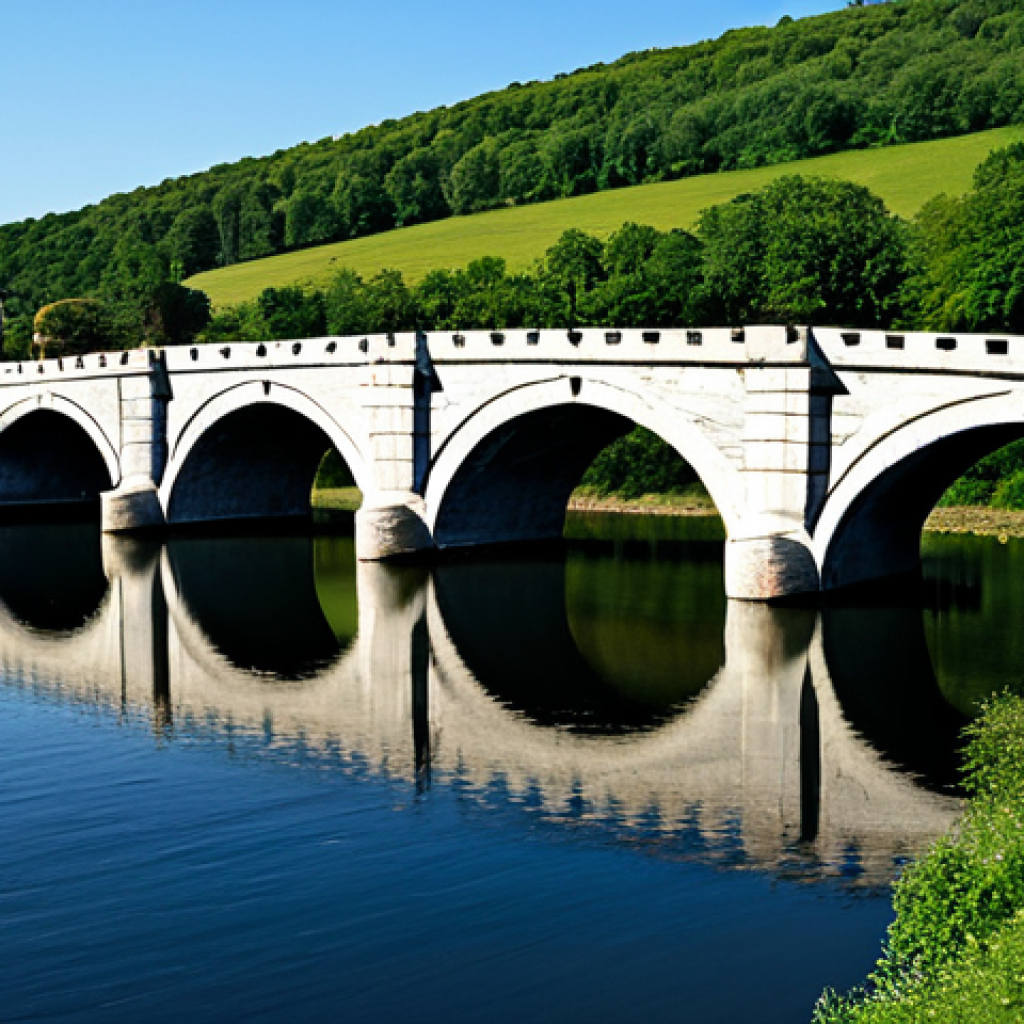 A professional image of a grand, ancient stone bridge, a testament to enduring strength and traditional construction materials. The bridge, built from massive, weathered stone blocks, spans a serene, clear river. The background features a picturesque, lush European countryside under a bright, clear sky, emphasizing the timeless presence and historical solidity of the structure. The scene is captured with professional architectural photography, featuring high detail, sharp focus, and dramatic volumetric lighting. safe for work, appropriate content, fully clothed, professional, perfect anatomy, correct proportions, well-formed hands, natural body proportions.