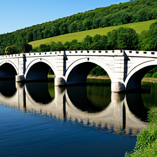 Home 11 A professional image of a grand, ancient stone bridge, a testament to enduring strength and traditional construction materials. The bridge, built from massive, weathered stone blocks, spans a serene, clear river. The background features a picturesque, lush European countryside under a bright, clear sky, emphasizing the timeless presence and historical solidity of the structure. The scene is captured with professional architectural photography, featuring high detail, sharp focus, and dramatic volumetric lighting. safe for work, appropriate content, fully clothed, professional, perfect anatomy, correct proportions, well-formed hands, natural body proportions.