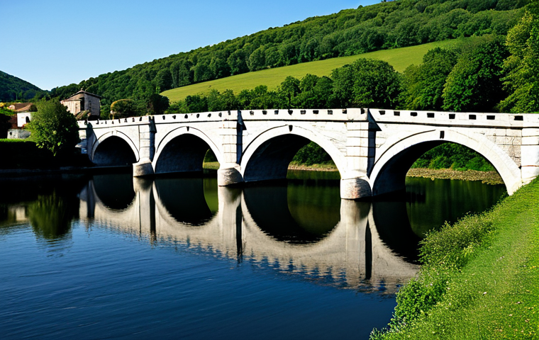 A professional image of a grand, ancient stone bridge, a testament to enduring strength and traditional construction materials. The bridge, built from massive, weathered stone blocks, spans a serene, clear river. The background features a picturesque, lush European countryside under a bright, clear sky, emphasizing the timeless presence and historical solidity of the structure. The scene is captured with professional architectural photography, featuring high detail, sharp focus, and dramatic volumetric lighting. safe for work, appropriate content, fully clothed, professional, perfect anatomy, correct proportions, well-formed hands, natural body proportions.