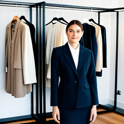 Home 6 A professional woman in a chic, modest business suit, fully clothed, appropriate attire, gently holding a high-quality designer dress in a modern, brightly lit sustainable fashion showroom. The background features other neatly arranged garments on minimalist racks. The image emphasizes the concept of access over ownership and the beauty of high-quality, pre-loved fashion. Perfect anatomy, correct proportions, natural pose, well-formed hands, proper finger count, natural body proportions, professional photography, high quality, safe for work, appropriate content, family-friendly.