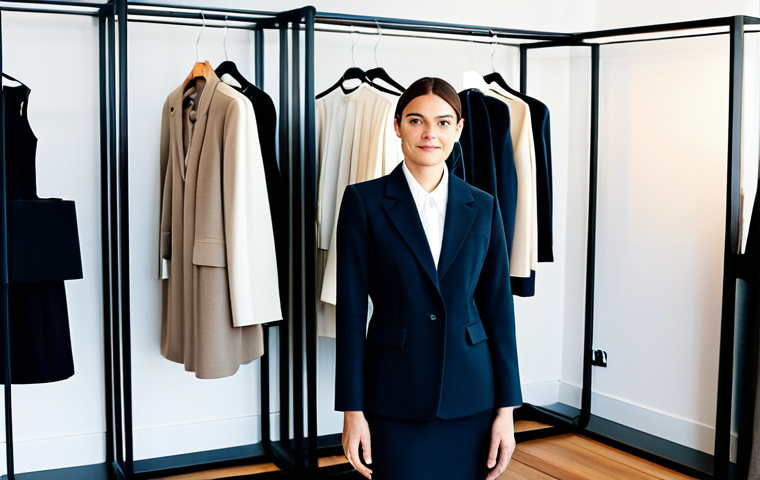 A professional woman in a chic, modest business suit, fully clothed, appropriate attire, gently holding a high-quality designer dress in a modern, brightly lit sustainable fashion showroom. The background features other neatly arranged garments on minimalist racks. The image emphasizes the concept of access over ownership and the beauty of high-quality, pre-loved fashion. Perfect anatomy, correct proportions, natural pose, well-formed hands, proper finger count, natural body proportions, professional photography, high quality, safe for work, appropriate content, family-friendly.