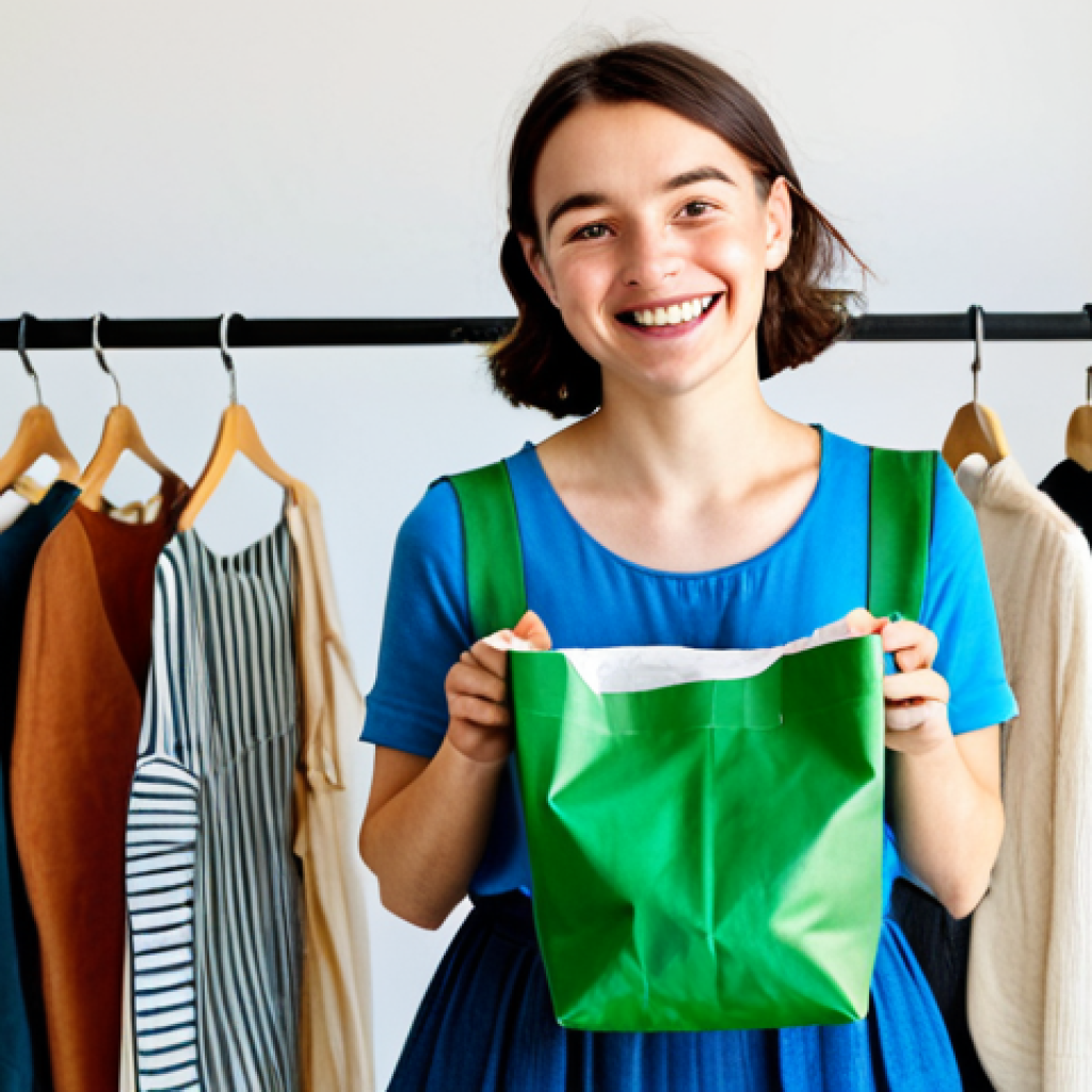Sustainable Fashion Advocate**

"A young, stylish woman in a bright, naturally lit studio, fully clothed in a chic outfit assembled from upcycled and vintage clothing. She's smiling genuinely, holding a reusable shopping bag filled with ethically sourced fabrics. Background includes clothing racks with diverse, sustainable garments.  Perfect anatomy, correct proportions, natural pose, well-formed hands, proper finger count, natural body proportions, safe for work, appropriate content, fully clothed, professional, modest, family-friendly, high quality."

**