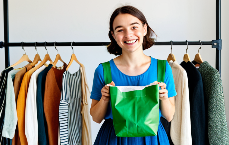 Sustainable Fashion Advocate**
"A young, stylish woman in a bright, naturally lit studio, fully clothed in a chic outfit assembled from upcycled and vintage clothing. She's smiling genuinely, holding a reusable shopping bag filled with ethically sourced fabrics. Background includes clothing racks with diverse, sustainable garments. Perfect anatomy, correct proportions, natural pose, well-formed hands, proper finger count, natural body proportions, safe for work, appropriate content, fully clothed, professional, modest, family-friendly, high quality."
**