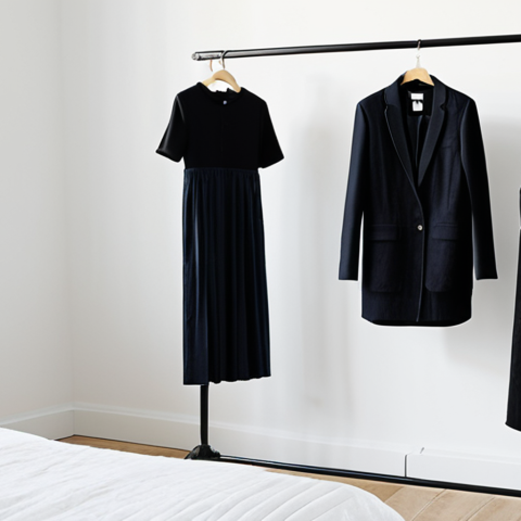 A Capsule Wardrobe Display**
A well-organized, minimalist capsule wardrobe displayed in a bright, airy bedroom setting. The wardrobe includes classic pieces: a crisp white organic cotton shirt, a tailored black blazer, dark-wash denim jeans, neutral-colored t-shirts, and a versatile black dress. Emphasis on high-quality materials and neutral colors. Natural light, calming atmosphere. Safe for work, appropriate content, fully clothed, professional, modest, perfect anatomy, correct proportions, natural pose, professional photography, high quality.
**