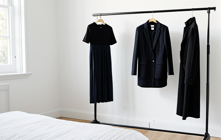 A Capsule Wardrobe Display**

A well-organized, minimalist capsule wardrobe displayed in a bright, airy bedroom setting.  The wardrobe includes classic pieces: a crisp white organic cotton shirt, a tailored black blazer, dark-wash denim jeans, neutral-colored t-shirts, and a versatile black dress. Emphasis on high-quality materials and neutral colors. Natural light, calming atmosphere.  Safe for work, appropriate content, fully clothed, professional, modest, perfect anatomy, correct proportions, natural pose, professional photography, high quality.

**