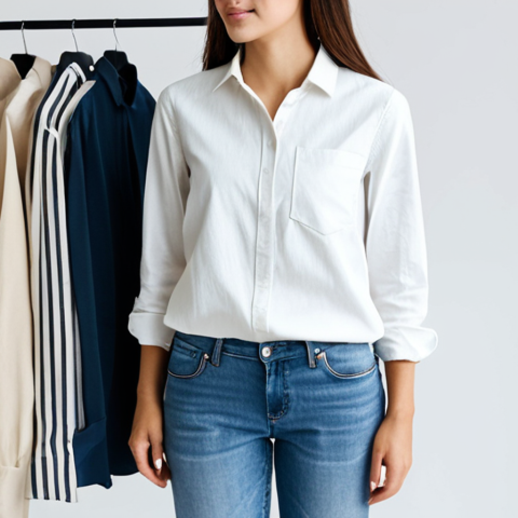 옷장 속 친환경 의류 리스트 - **
A woman in a stylish and modest outfit, featuring a well-tailored organic cotton shirt and recyc...