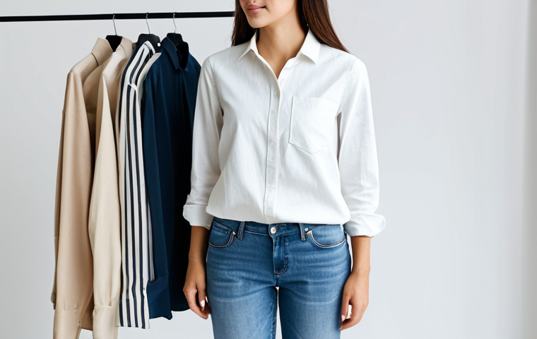 옷장 속 친환경 의류 리스트 - **
A woman in a stylish and modest outfit, featuring a well-tailored organic cotton shirt and recyc...