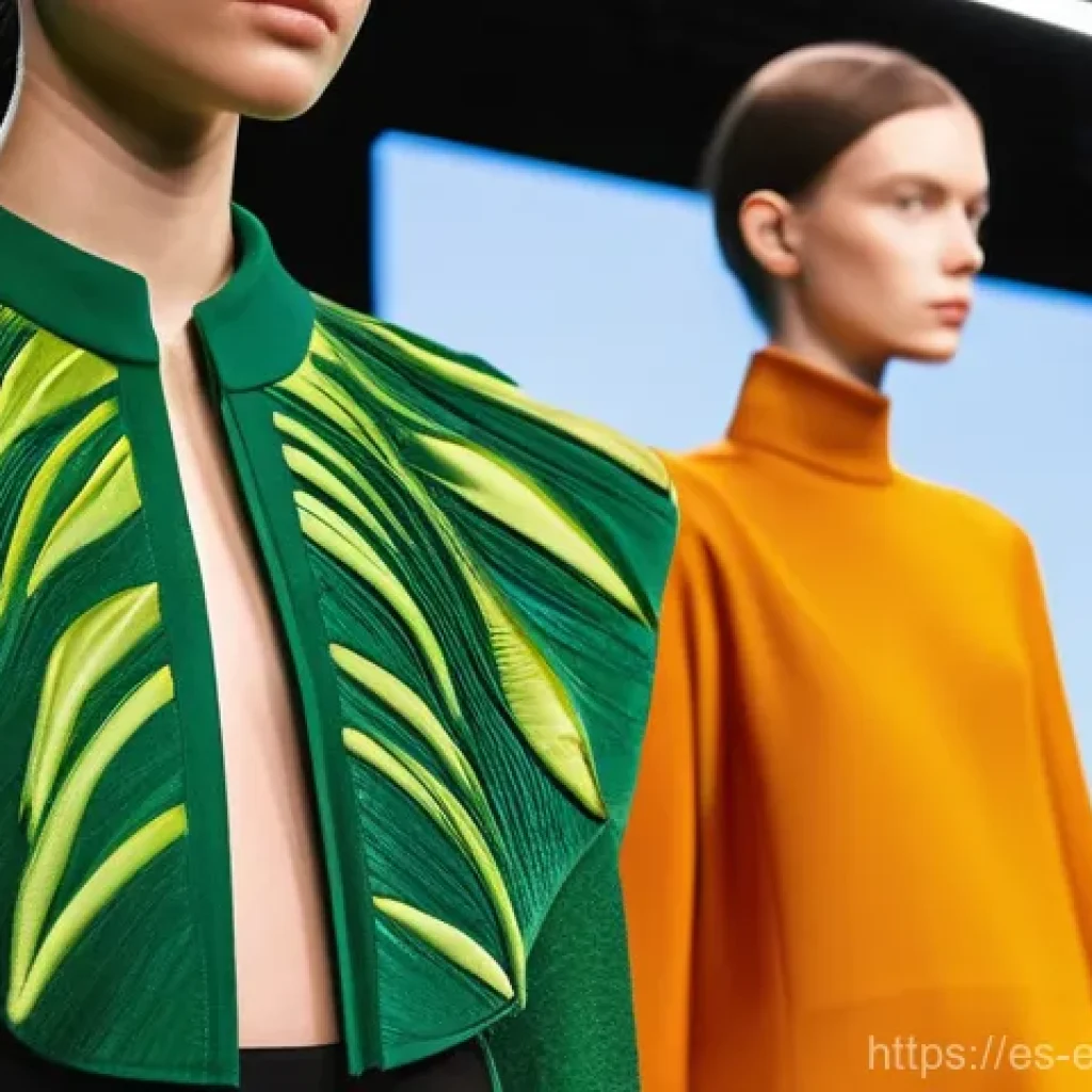 전시회와 행사에서의 친환경 패션 - **Prompt:** A vibrant and futuristic fashion exhibition showcasing innovative sustainable materials....