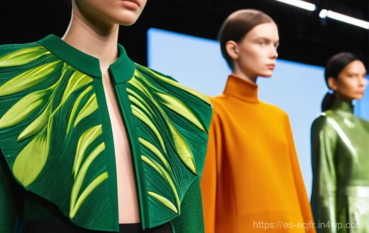 전시회와 행사에서의 친환경 패션 - **Prompt:** A vibrant and futuristic fashion exhibition showcasing innovative sustainable materials....