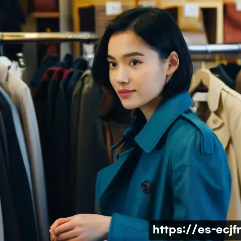 소비자의 친환경 의류 선택 기준 - **Prompt:** A young, stylish woman (around 20-25 years old) with a thoughtful expression, standing i...