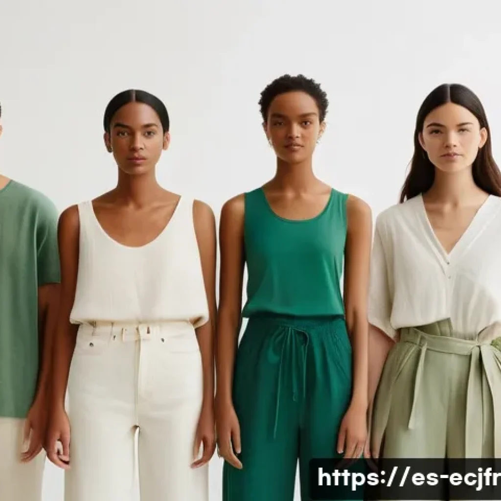 친환경 의류의 섬유 가공 과정 - A serene and hopeful scene depicting a diverse group of models, all casually yet fashionably dressed...
