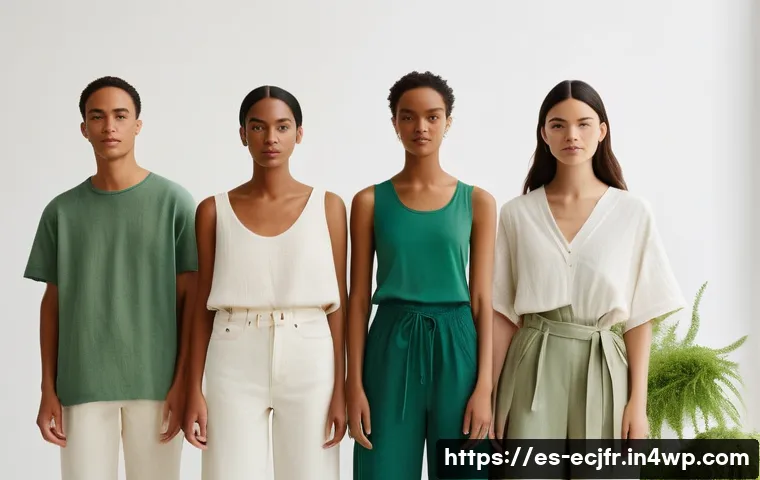 친환경 의류의 섬유 가공 과정 - A serene and hopeful scene depicting a diverse group of models, all casually yet fashionably dressed...