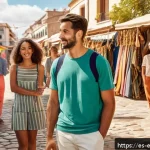 Home 23 친환경 의류 브랜드의 성공 사례 - A stylish outdoor fashion market scene in Spain featuring diverse models wearing sustainable clothin...
