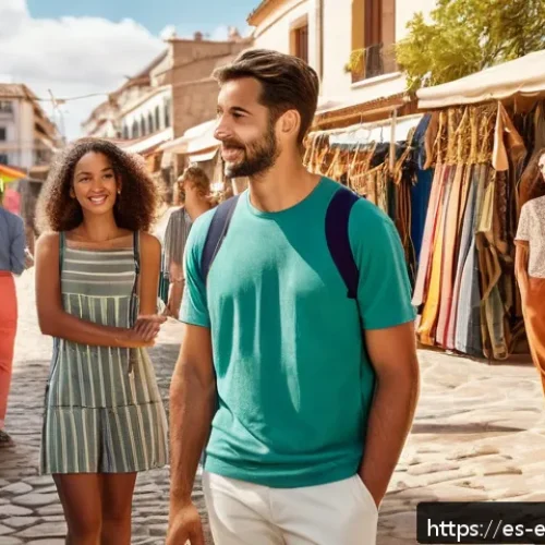 Home 17 친환경 의류 브랜드의 성공 사례 - A stylish outdoor fashion market scene in Spain featuring diverse models wearing sustainable clothin...