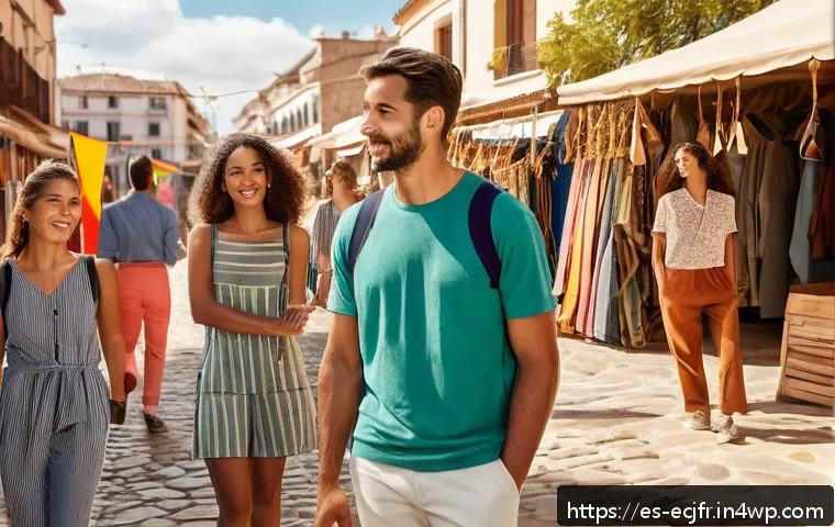 친환경 의류 브랜드의 성공 사례 - A stylish outdoor fashion market scene in Spain featuring diverse models wearing sustainable clothin...