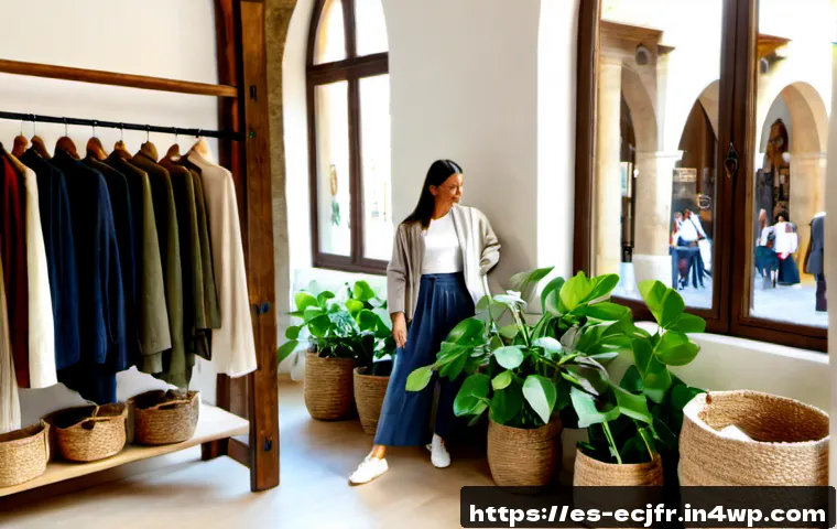 친환경 패션 브랜드 추천 - Photorealistic sustainable fashion boutique in a sunlit Spanish city, neatly arranged clothing made ...