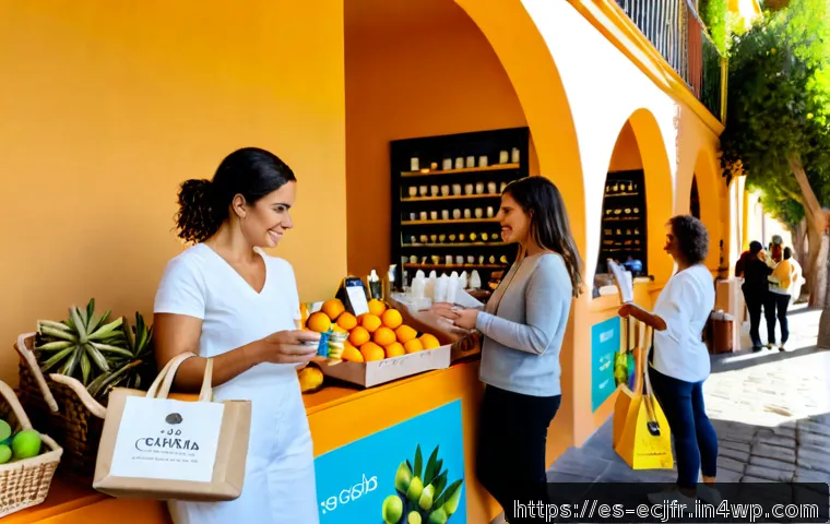 친환경 브랜드의 효과적인 마케팅 방법 - Photorealistic eco-friendly product marketing scene in a sunlit Spanish neighborhood market, a small...