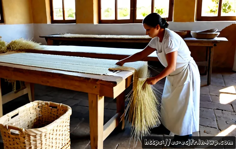 Home 17 친환경 의류 소재의 생산 과정 - Photorealistic sustainable textile production in a sunlit Spanish countryside workshop, freshly harv...