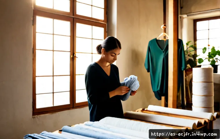 친환경 의류 산업의 미래 전망 - Photorealistic sustainable fashion workshop in Barcelona, Spain, a Spanish designer examining natura...
